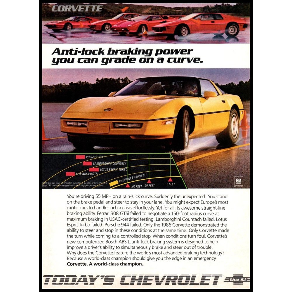 1986 Chevy Corvette Vintage Print Ad Lamborghini Ferrari Porsche Wall Art
